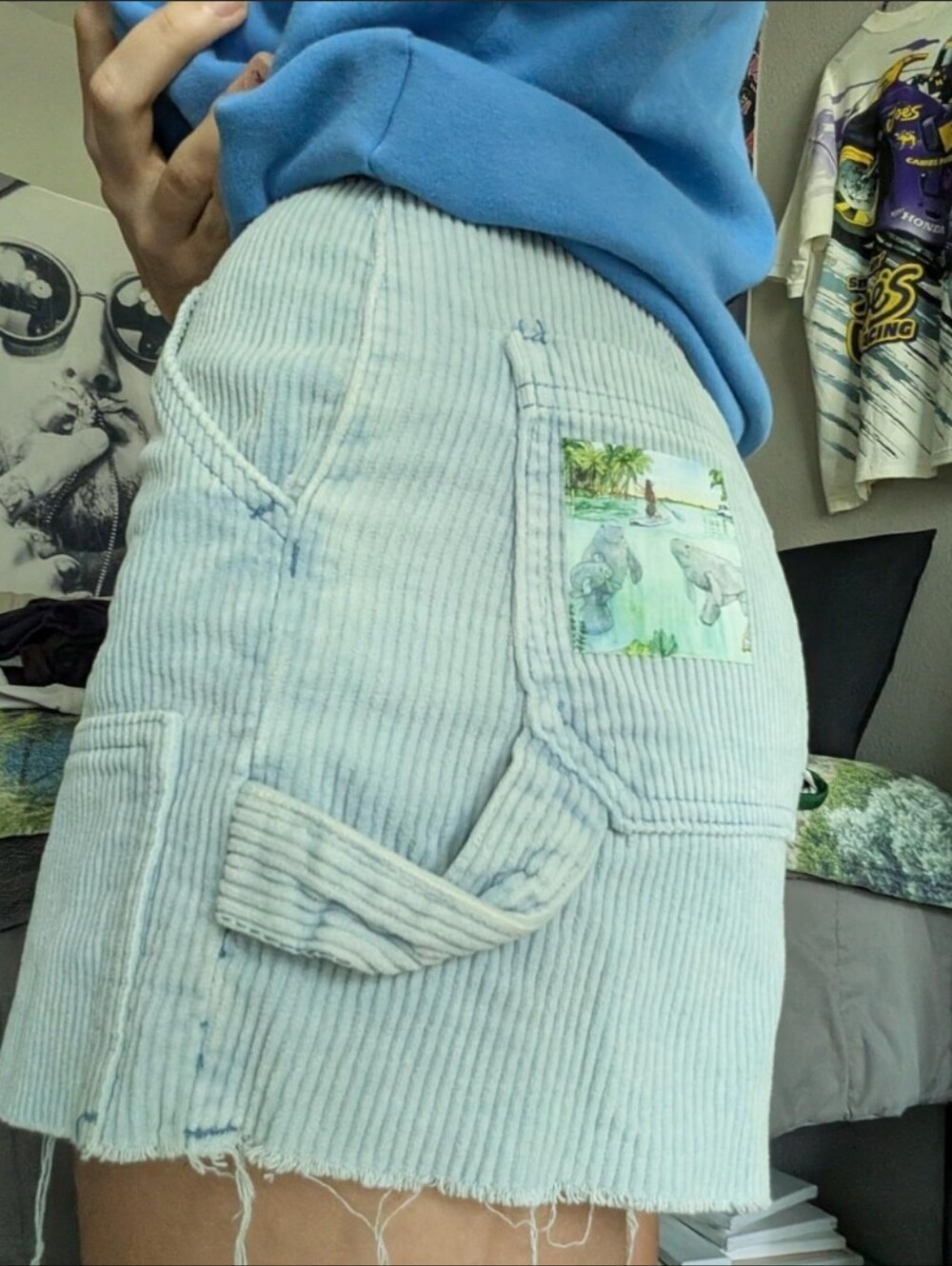 PacSun Light Blue Corduroy Shorts with Manatee & Floral Patches